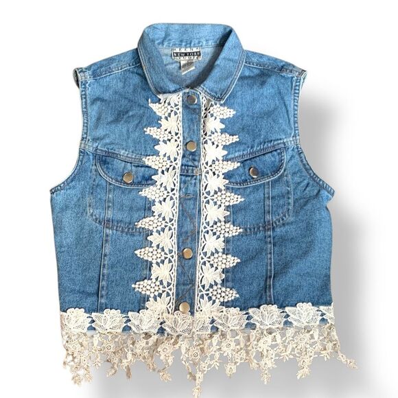 Upcycled Vintage Chambray Denim Vest White Lace Trim Small Custom OOAK Bohemian - Picture 2 of 11